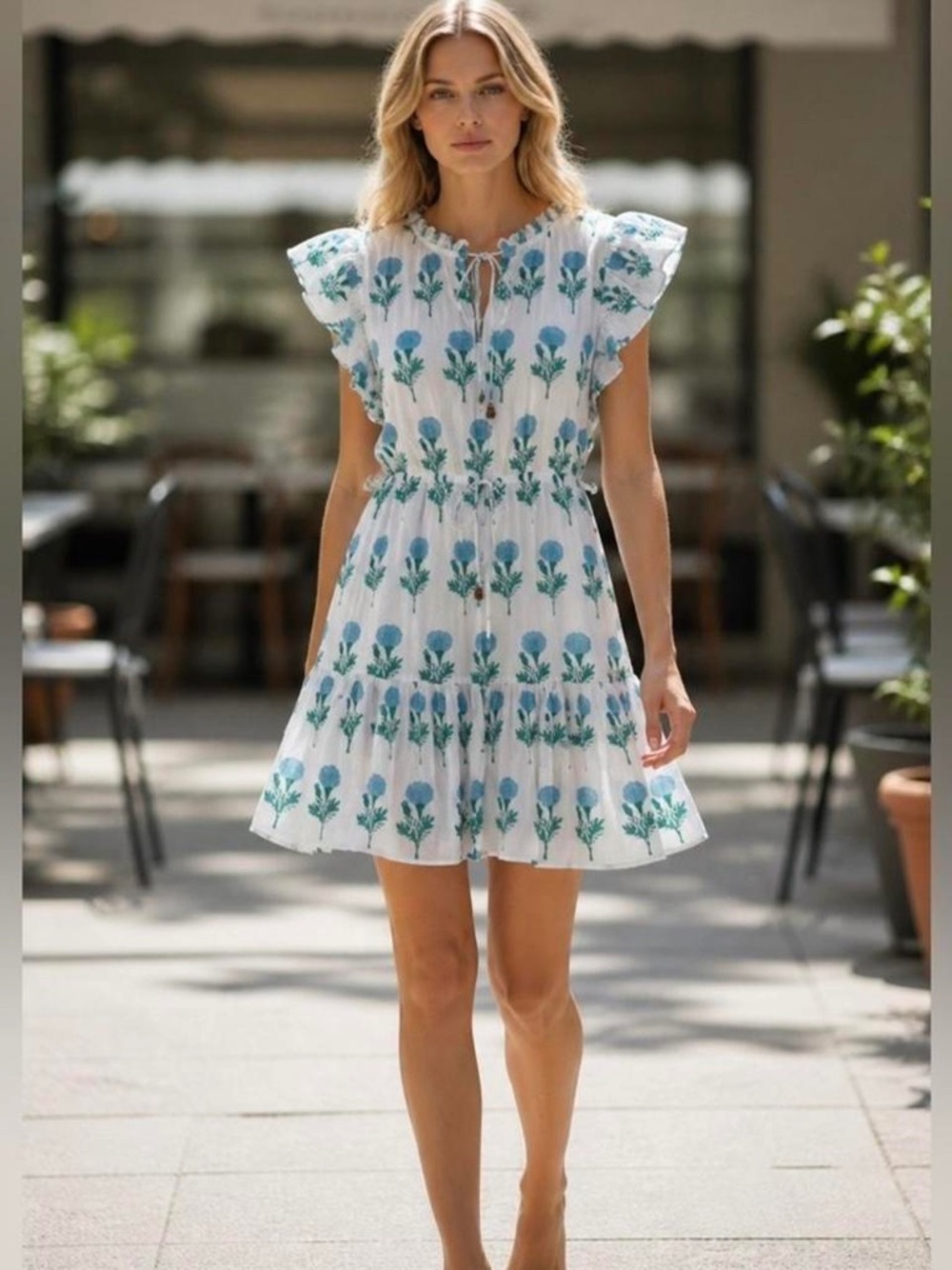 Oliphant Indica Blue Clinched Ruffle Flutter Sleeve Tie Waist Mini Dress Size M